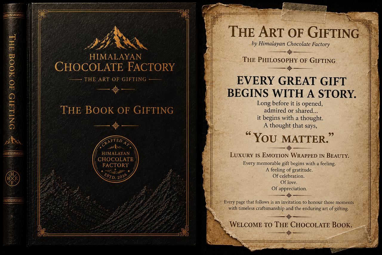 HCF Himalayan Chocolate Factory Nainital premium chocolate box with gold mountain branding and The Art of Gifting tagline, surrounded by artisan chocolates with Himalayan mountain painting in background